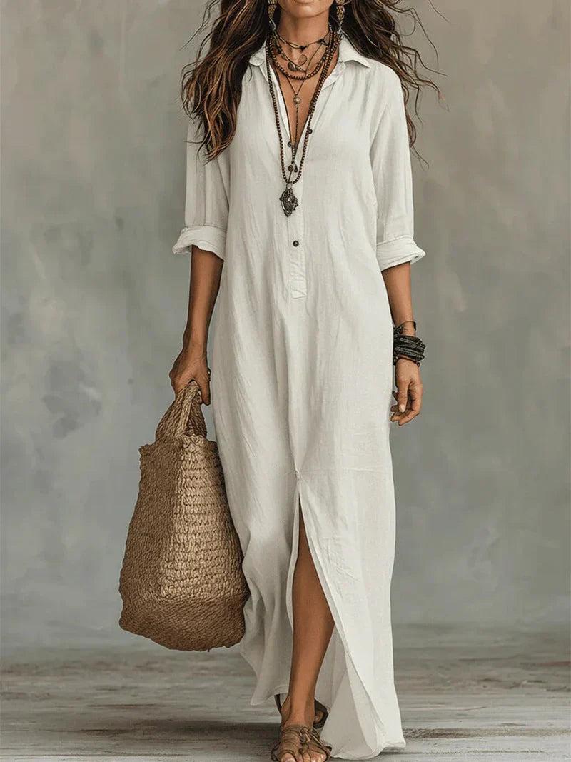 Vanessa | Abito Camicia Donna Lungo con Spacco Bianco