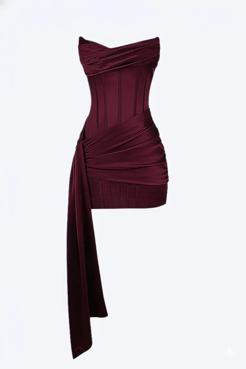 Vanessa | Abito Corto Corsetto Drappeggiato Borgogna