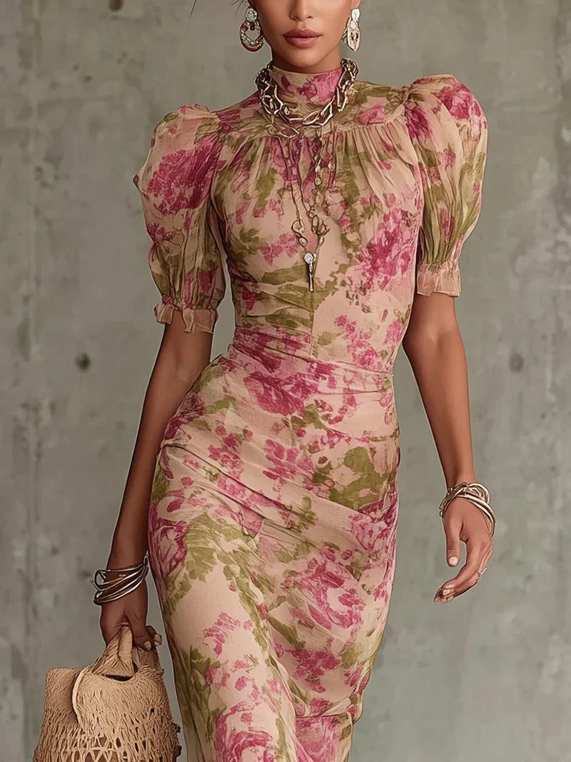 Vanessa | Vestito Lungo Floreale Maniche a Sbuffo