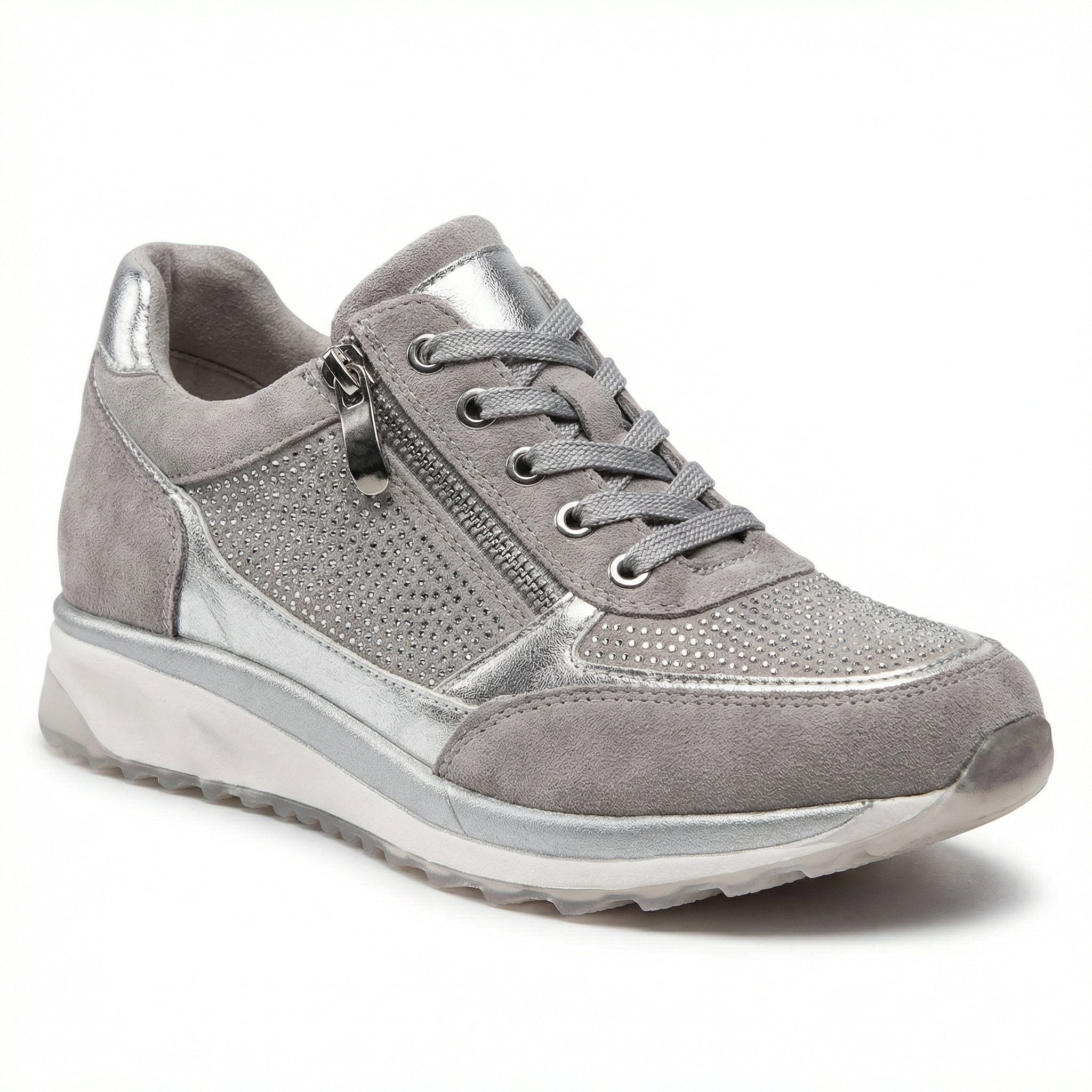 Sneakers con zeppa piattaforma da donna con zip laterale e dettagli in strass