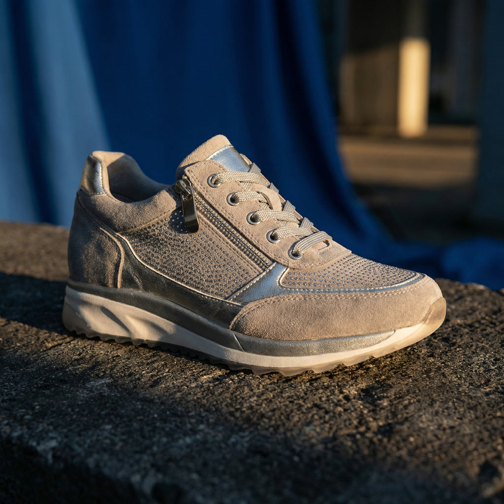 Sneakers con zeppa piattaforma da donna con zip laterale e dettagli in strass