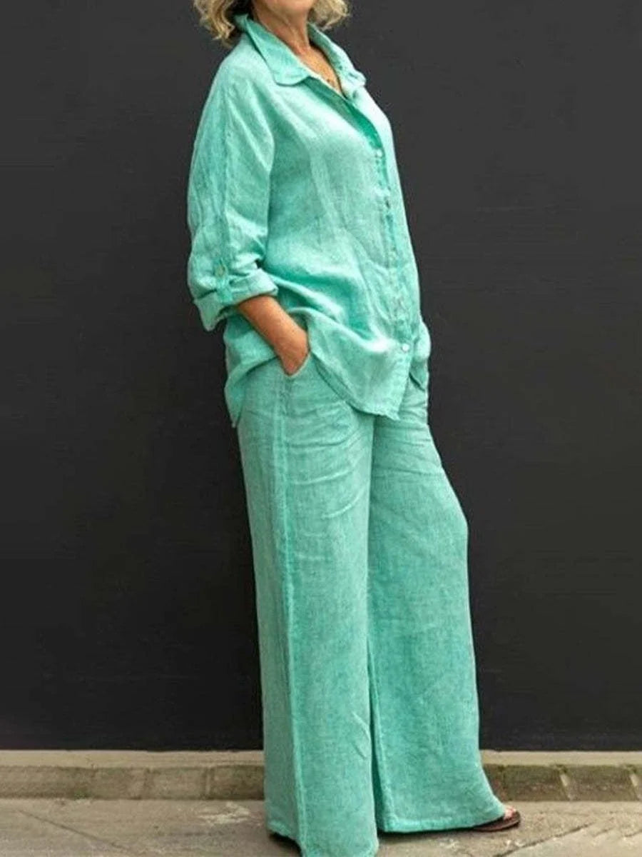 Vespera | Completo Donna Lino Camicia Pantalone Largo Verde