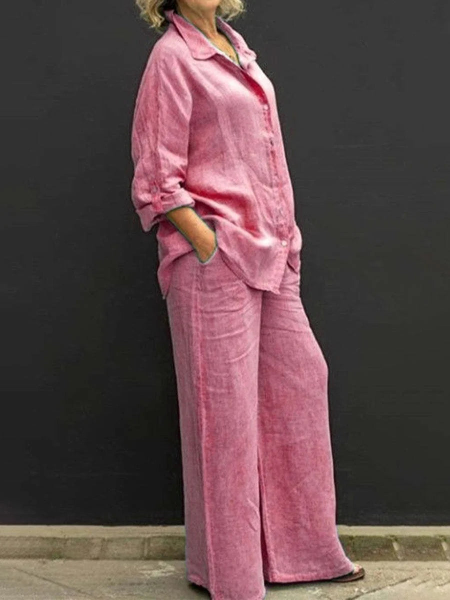 Vespera | Completo Donna Lino Camicia Pantalone Largo Rosa