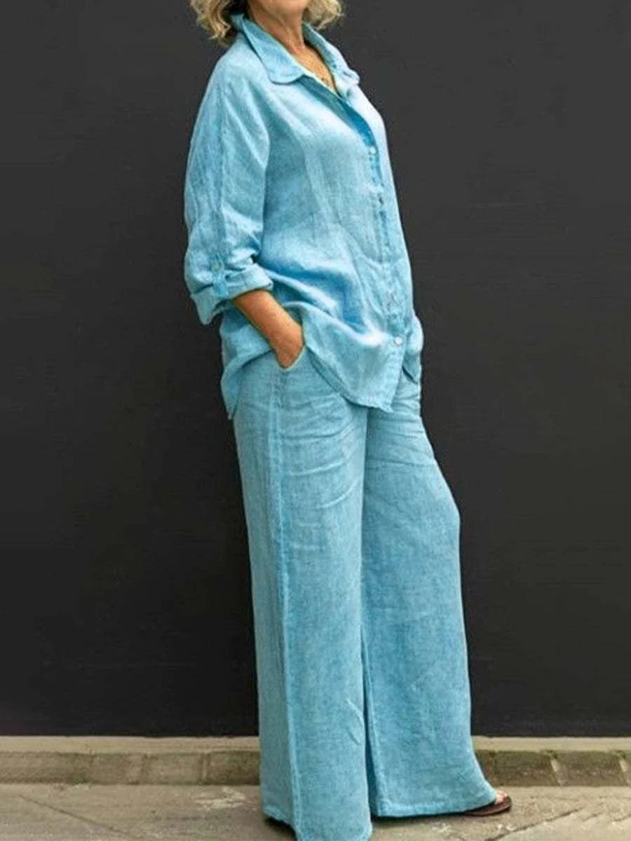 Vespera | Completo Donna Lino Camicia Pantalone Largo Azzurro