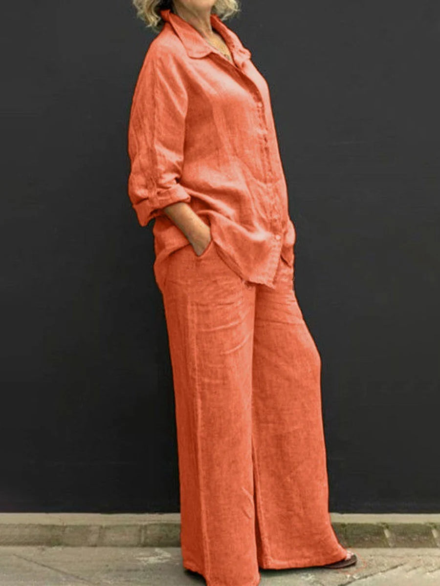Vespera | Completo Donna Lino Camicia Pantalone Largo Arancione