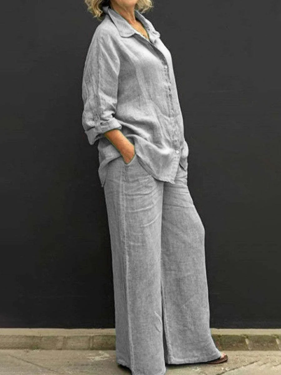 Vespera | Completo Donna Lino Camicia Pantalone Largo Grigio