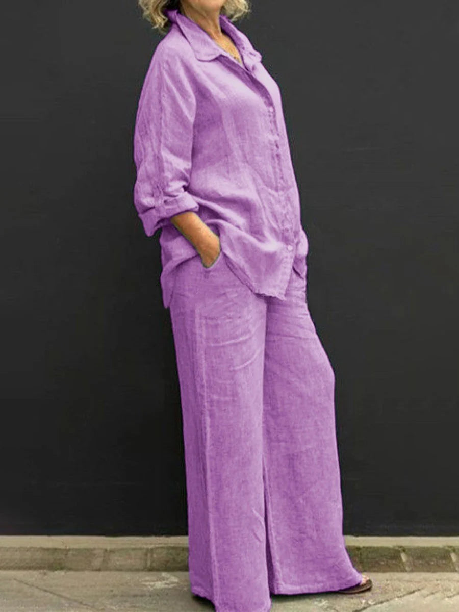 Vespera | Completo Donna Lino Camicia Pantalone Largo Viola