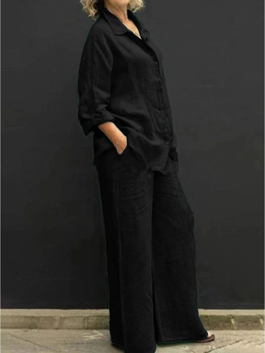 Vespera | Completo Donna Lino Camicia Pantalone Largo Nero