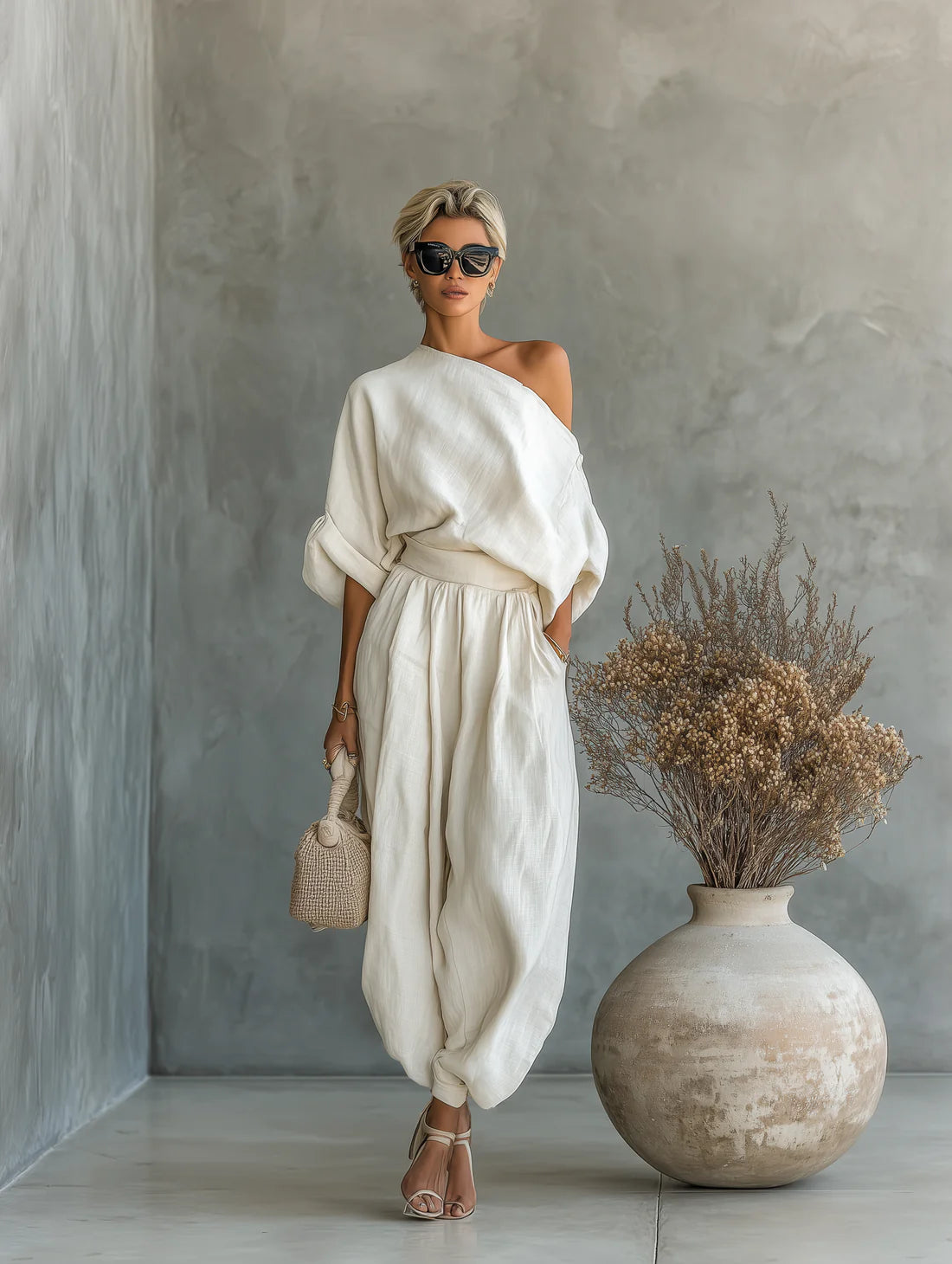 Vespera | Set Donna Top Spalle Scoperte e Pantalone Largo Bianco