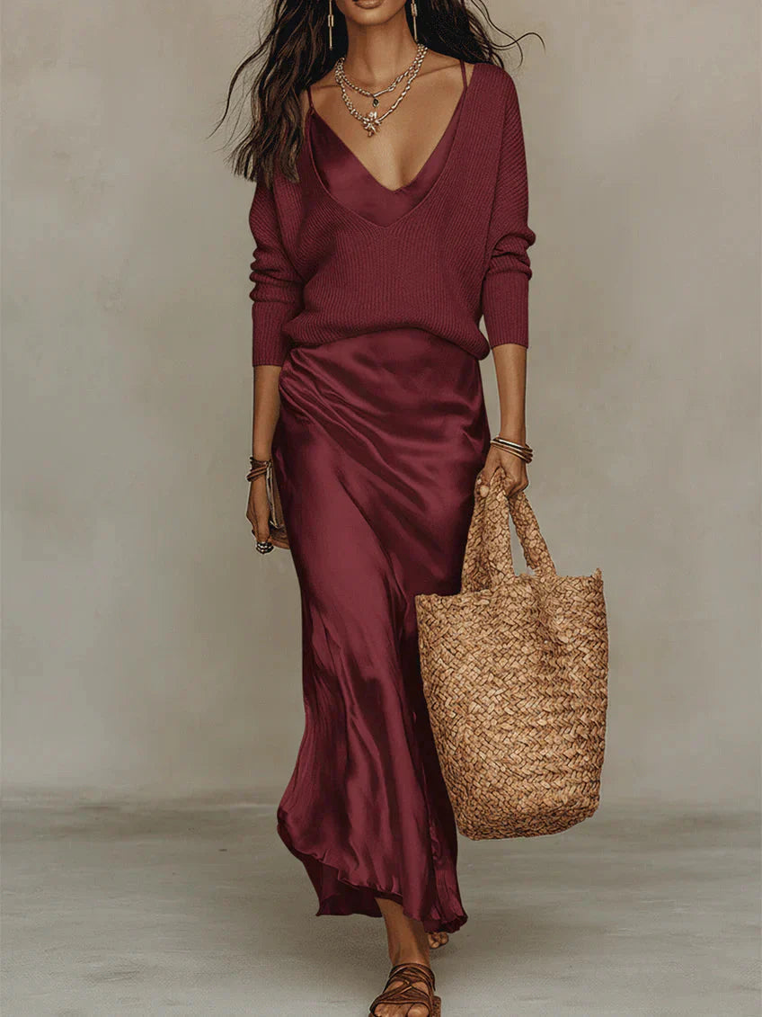 Vespera | Vestito Slip Dress Maxi Raso Scollo V Rosso