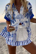 Vittoria | Completo Donna Camicia e Shorts Stampa Tropicale Bianco e Blu