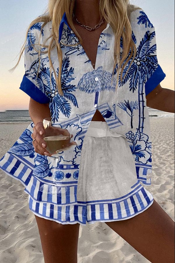 Vittoria | Completo Donna Camicia e Shorts Stampa Tropicale Bianco e Blu