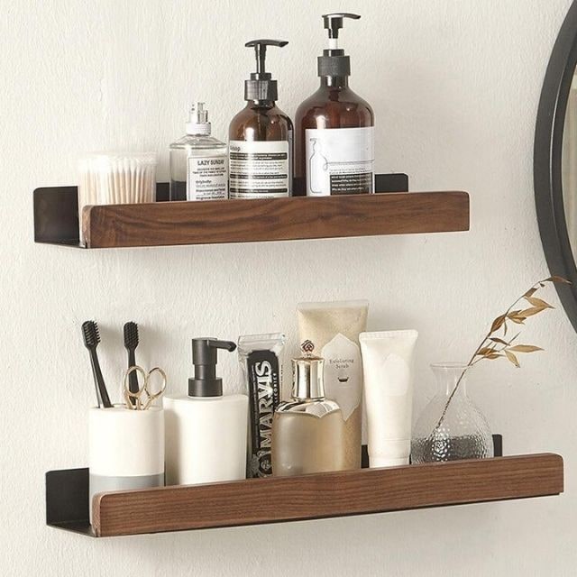 Wall Mounted Floating Shelves with Wooden Rail and Metal Bracket for Bathroom Storage - Image 3