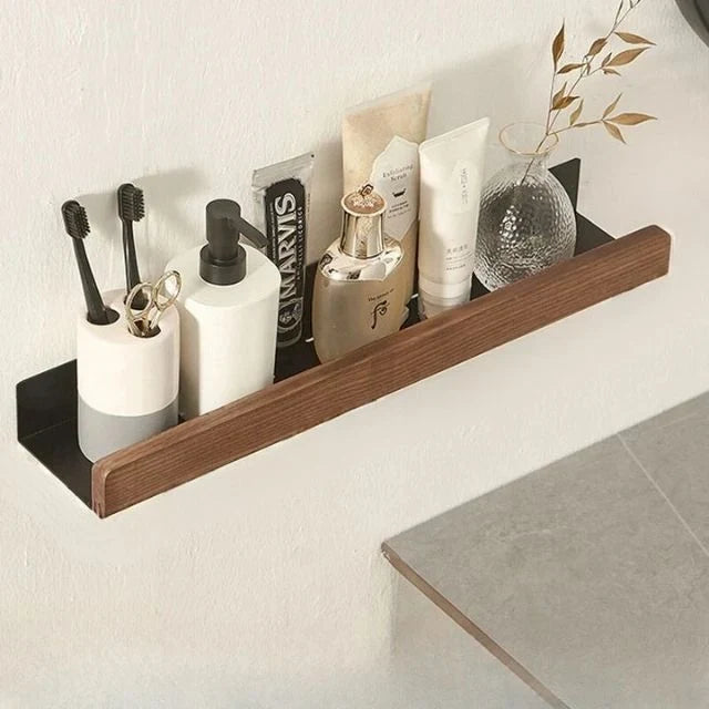 Wall Mounted Floating Shelves with Wooden Rail and Metal Bracket for Bathroom Storage - Image 6