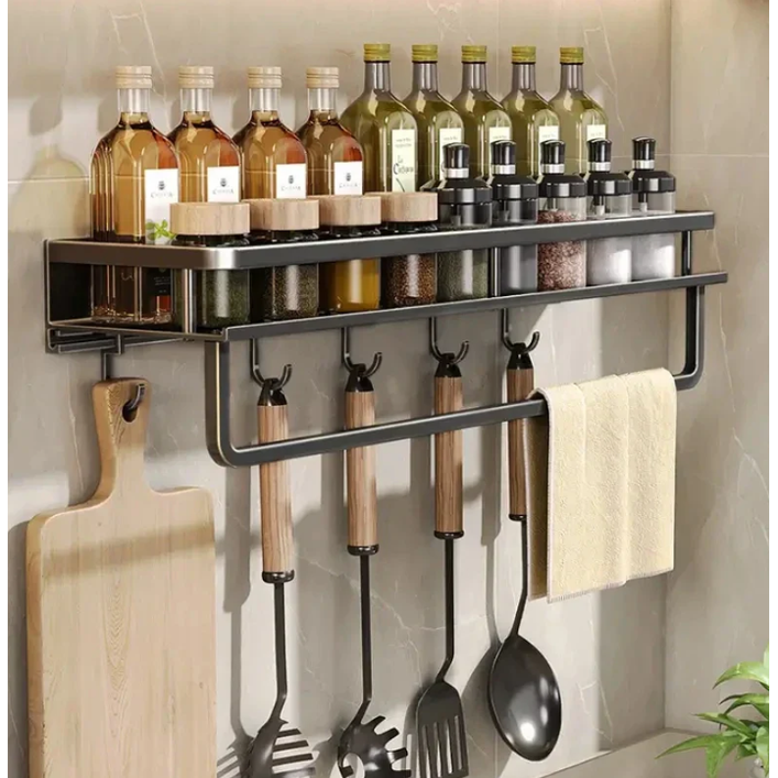 Wall Mounted Kitchen Spice Rack with Towel Bar and Hanging Hooks - Image 2