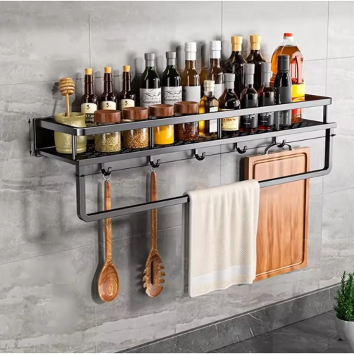 Wall Mounted Kitchen Spice Rack with Towel Bar and Hanging Hooks - Image 3