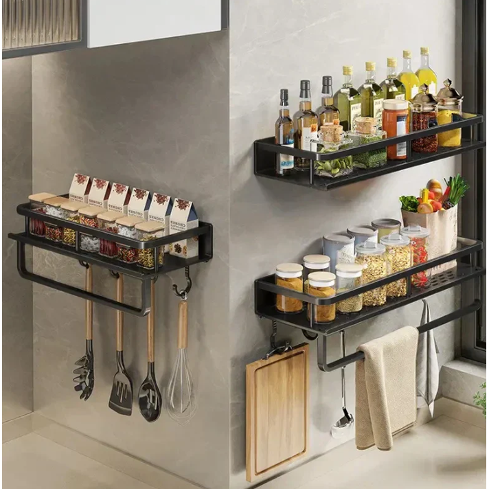 Wall Mounted Kitchen Spice Rack with Towel Bar and Hanging Hooks - Image 4