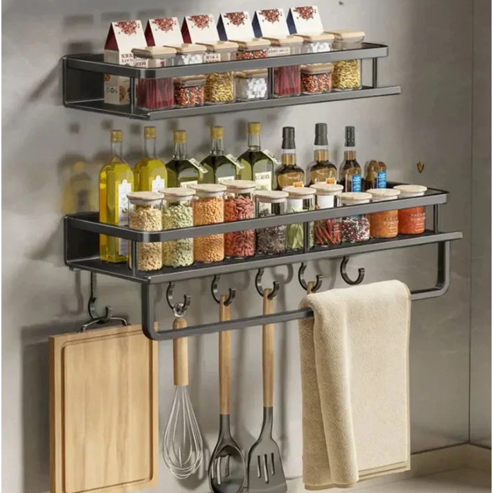 Wall Mounted Kitchen Spice Rack with Towel Bar and Hanging Hooks - Image 5