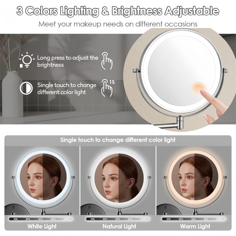 Wall Mounted Vanity Mirror with LED Lights Magnification and Extendable Folding Arm - Image 3