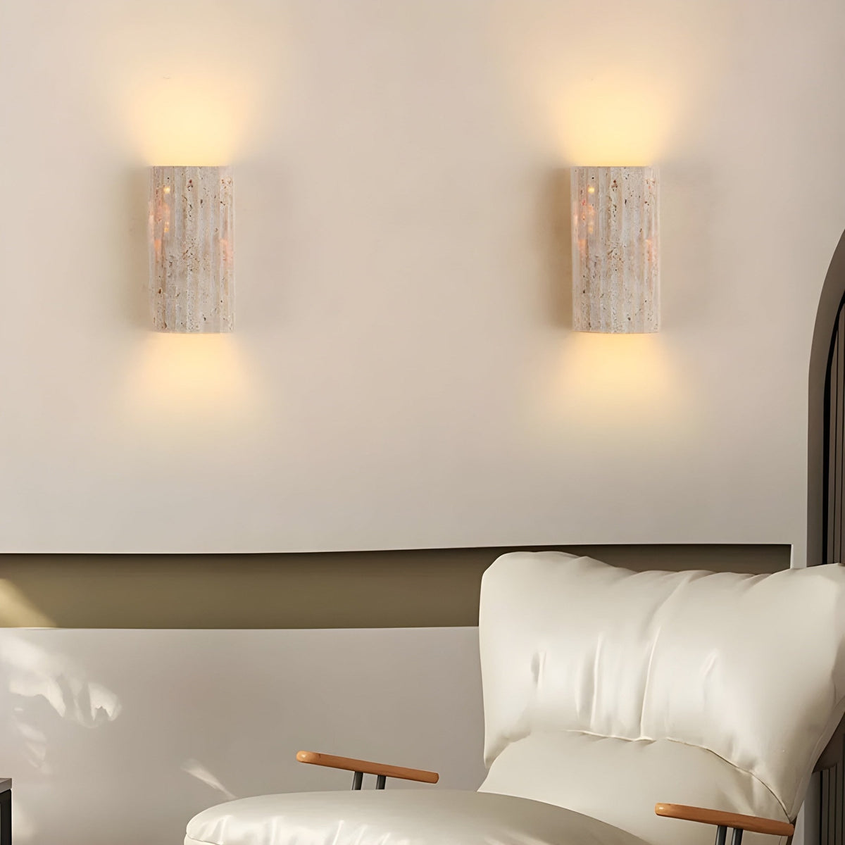 Wall Sconce Lighting with Travertine Stone Fluted Shade and Contemporary Design - Image 1