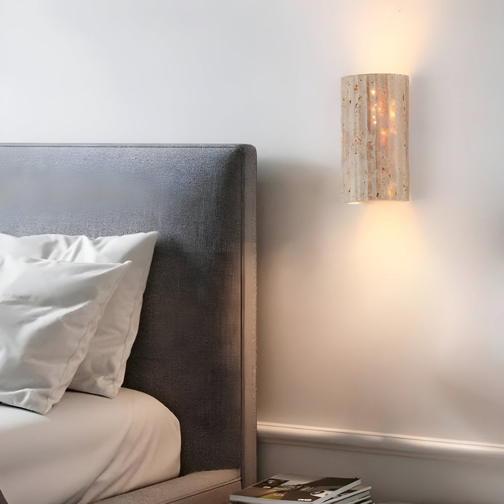 Wall Sconce Lighting with Travertine Stone Fluted Shade and Contemporary Design - Image 2