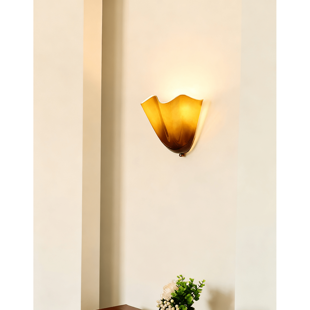 Wall Sconce Lighting with Wavy Glass Shade and Brass Finial - Image 2