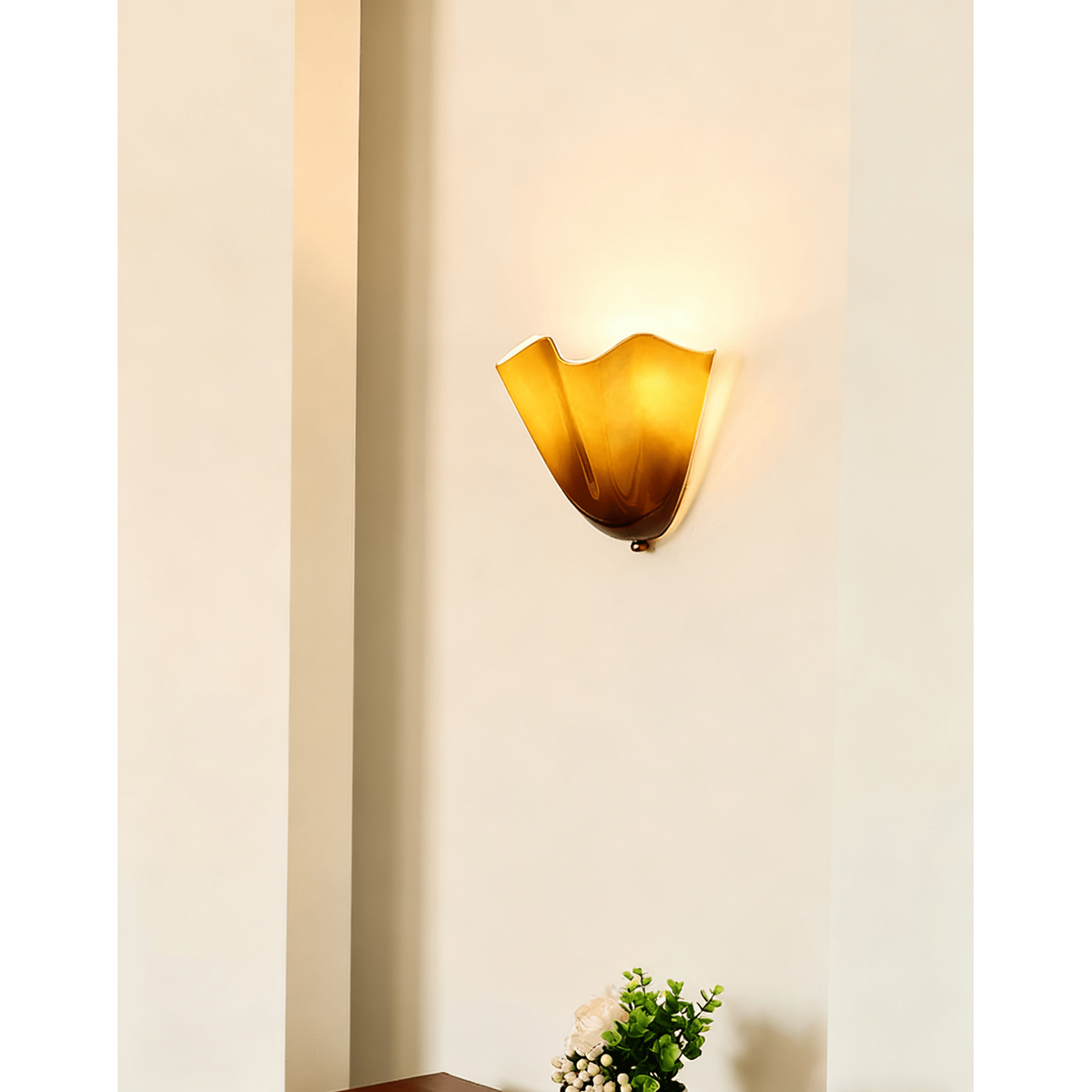Wall Sconce Lighting with Wavy Glass Shade and Brass Finial - Image 2
