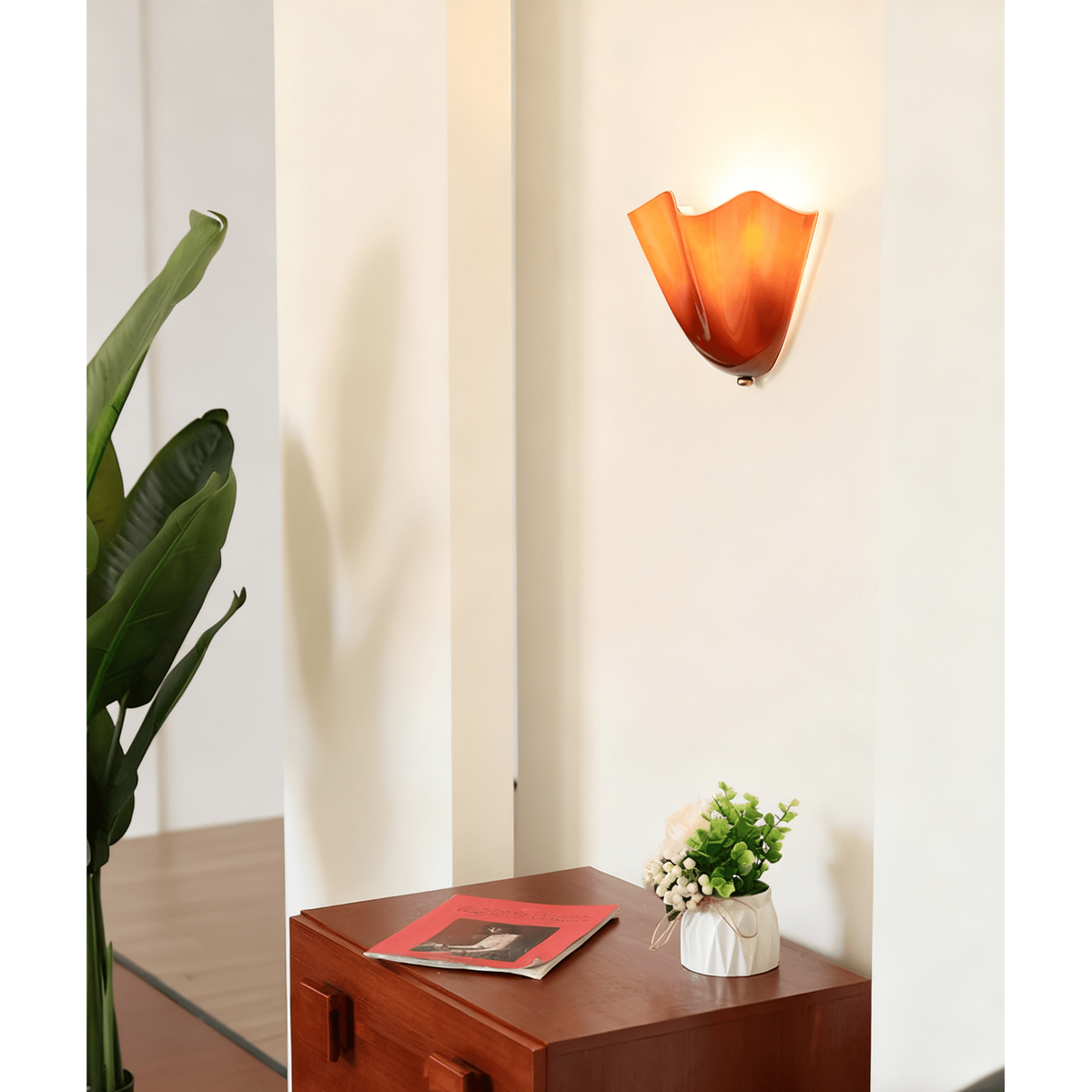 Wall Sconce Lighting with Wavy Glass Shade and Brass Finial - Image 4