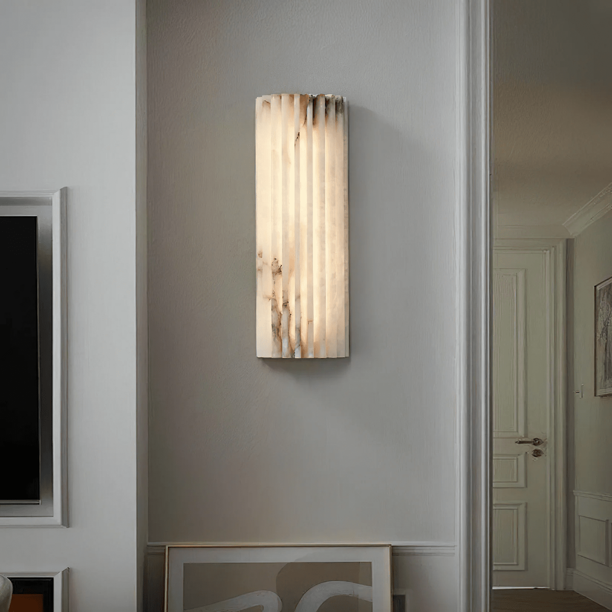 Wall Sconce Natural Alabaster Stone and Vertical Fluted Design - Image 3