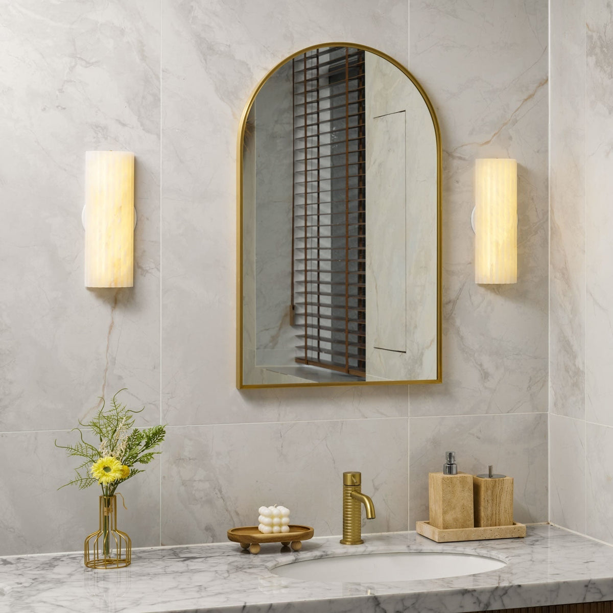 Wall Sconce Natural Alabaster Stone and Vertical Fluted Design - Image 7