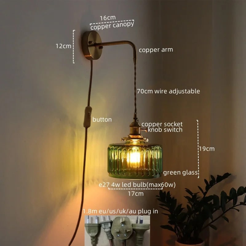 Wall Sconce with Green Glass Shade and Brass Arm in Light - Image 2