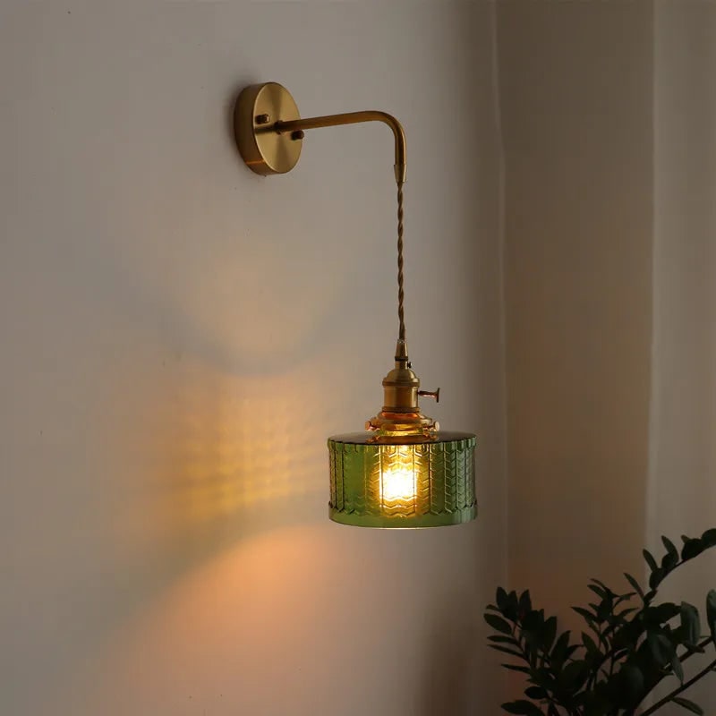 Wall Sconce with Green Glass Shade and Brass Arm in Light - Image 3