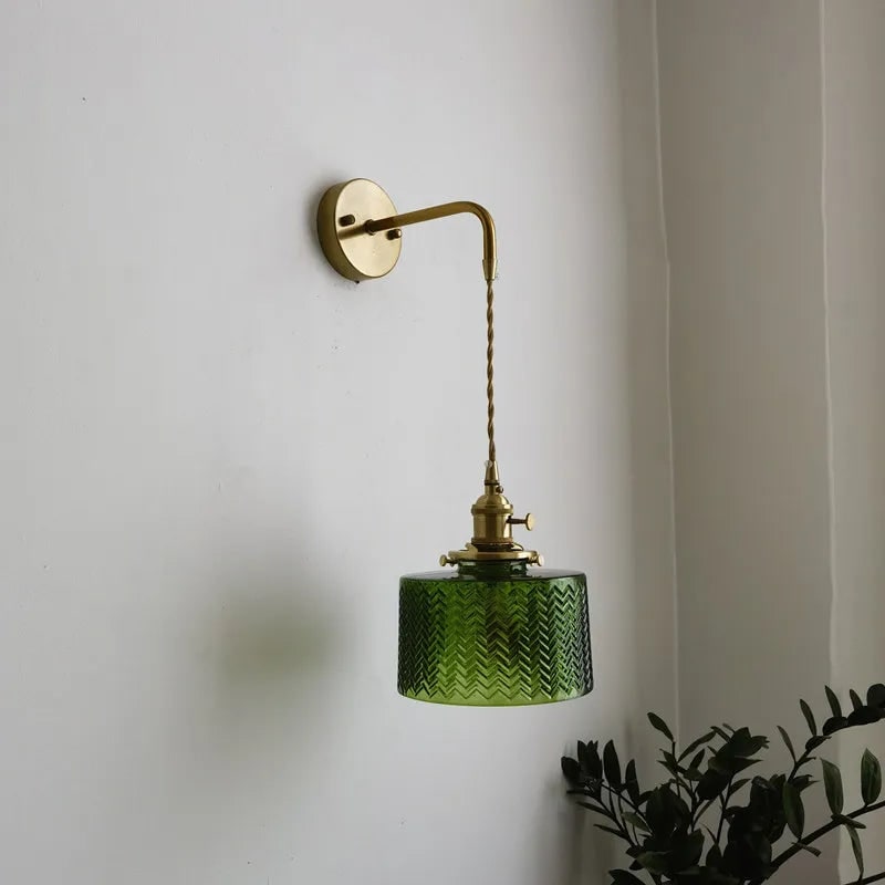 Wall Sconce with Green Glass Shade and Brass Arm in Light - Image 4