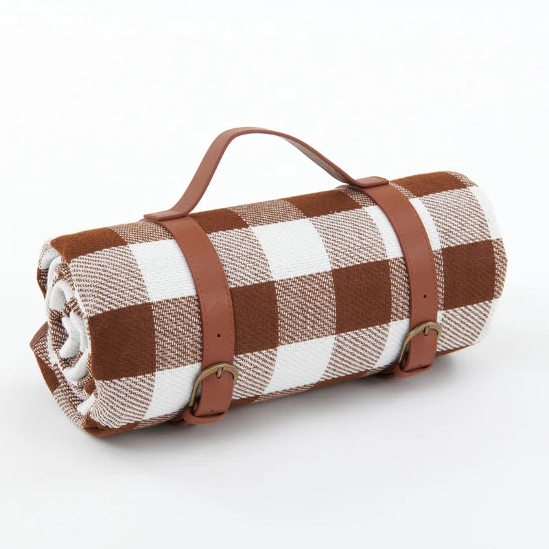 Waterproof Picnic Blanket with Faux Leather Carrying Strap and Checkered Pattern - Image 10