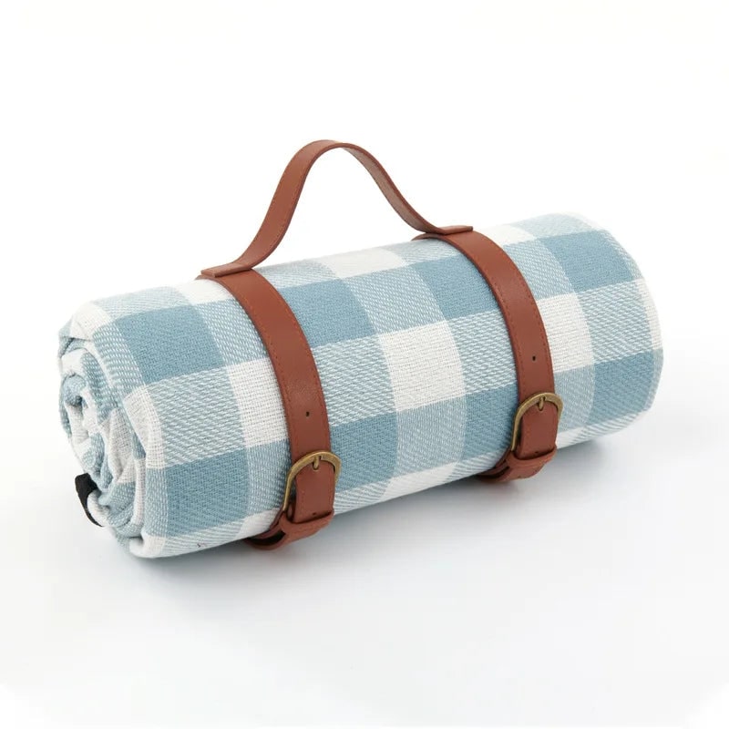 Waterproof Picnic Blanket with Faux Leather Carrying Strap and Checkered Pattern - Image 2