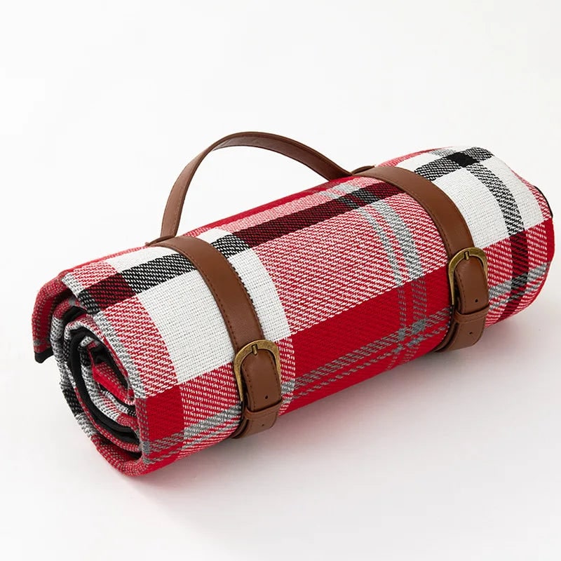 Waterproof Picnic Blanket with Faux Leather Carrying Strap and Checkered Pattern - Image 4