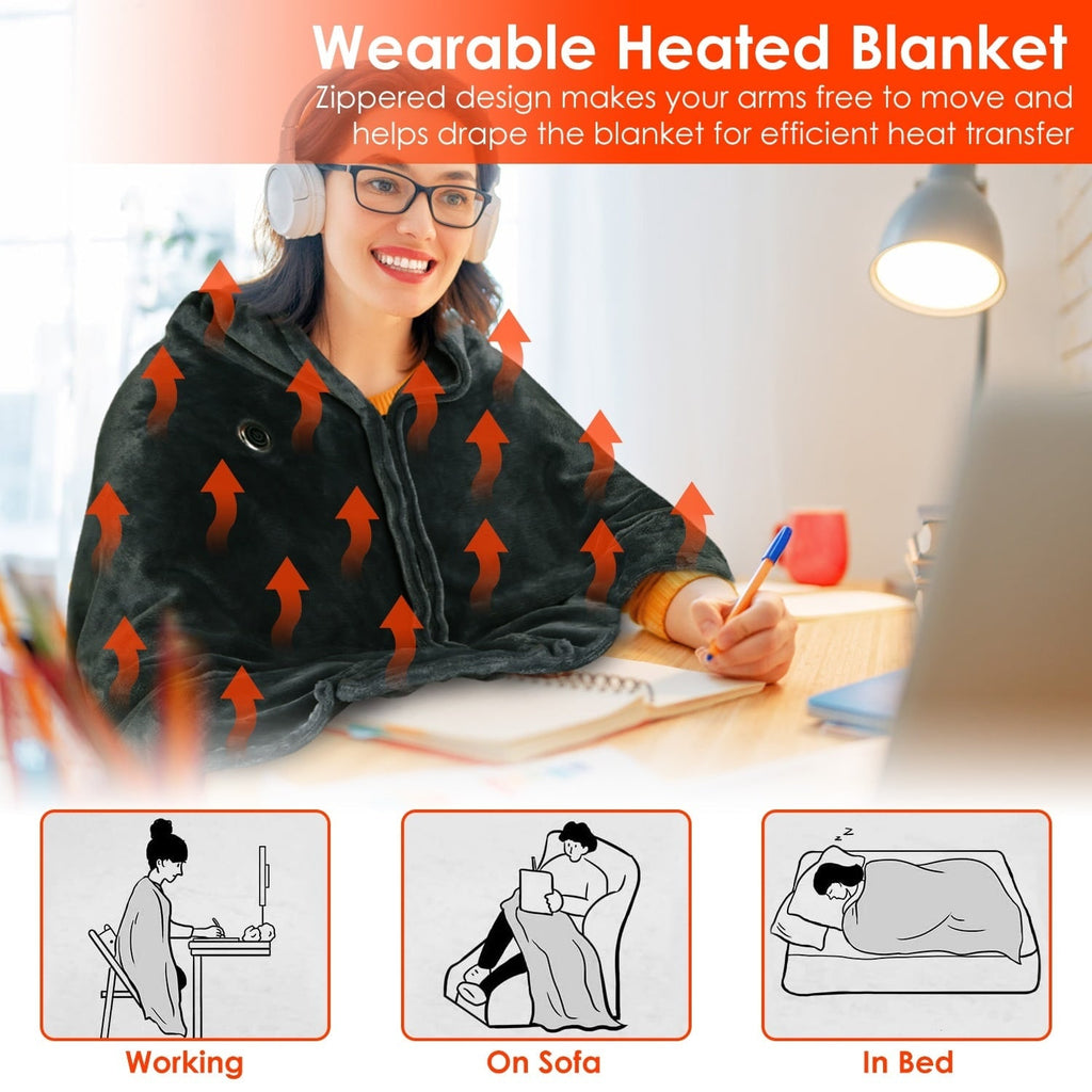 Wearable Heated Blanket with USB Power Fleece Shawl Wrap and Front Zipper 59x31in - Image 10