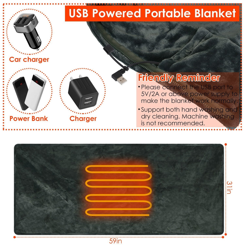 Wearable Heated Blanket with USB Power Fleece Shawl Wrap and Front Zipper 59x31in - Image 3