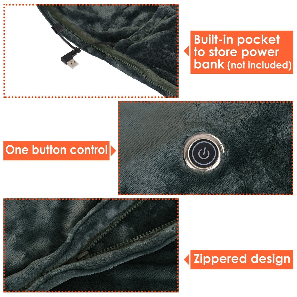 Wearable Heated Blanket with USB Power Fleece Shawl Wrap and Front Zipper 59x31in - Image 9