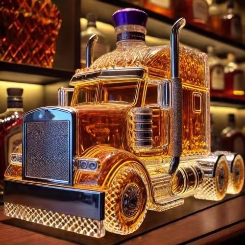 Whiskey Decanter Semi-Truck Shaped Glass Bottle with Dual Exhaust Details - Image 1