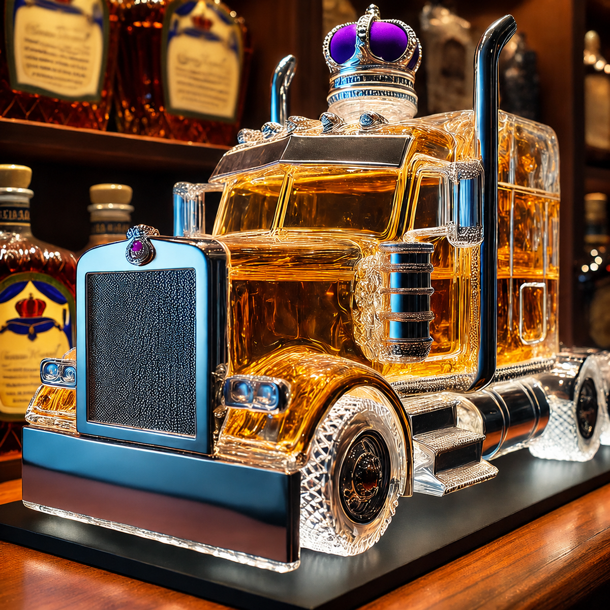 Whiskey Decanter with Semi Truck Design and Chrome Accents Personalized Liquor Set - Image 1