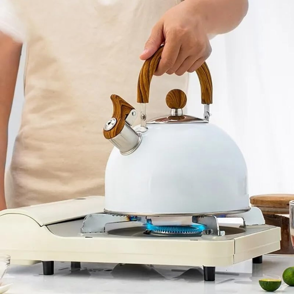 Whistling Kettle Tea with Stainless Steel Stovetop Design and Wood-Grain Handle - Image 2