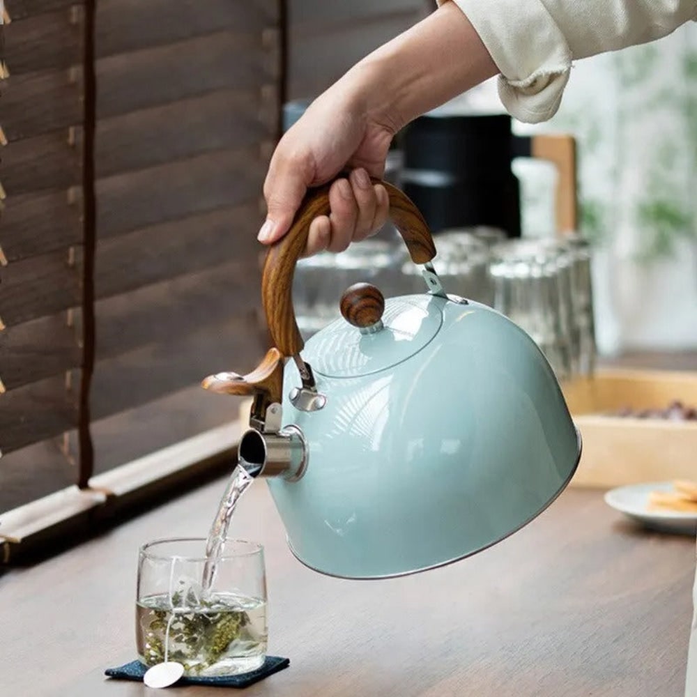 Whistling Kettle Tea with Stainless Steel Stovetop Design and Wood-Grain Handle - Image 4