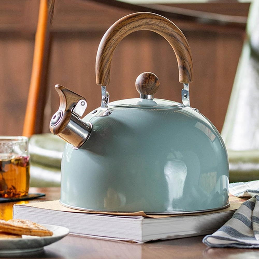 Whistling Kettle Tea with Stainless Steel Stovetop Design and Wood-Grain Handle - Image 6