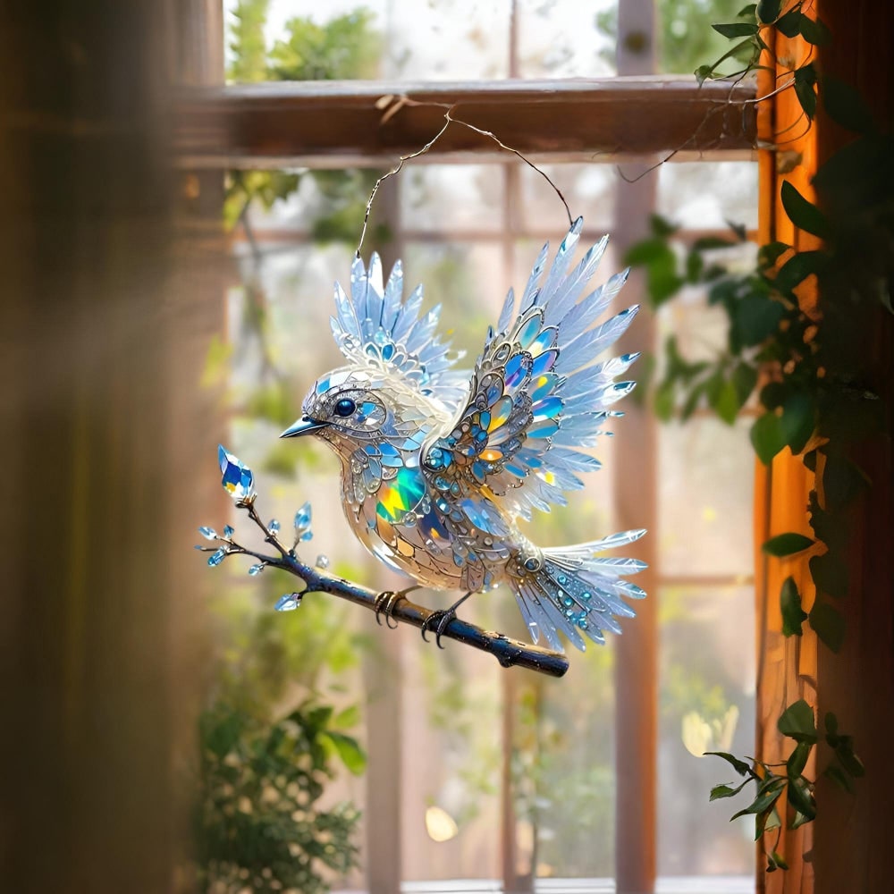 Window Suncatcher with Stained Glass Bluebird Design and Crystal Prism Accents - Image 2