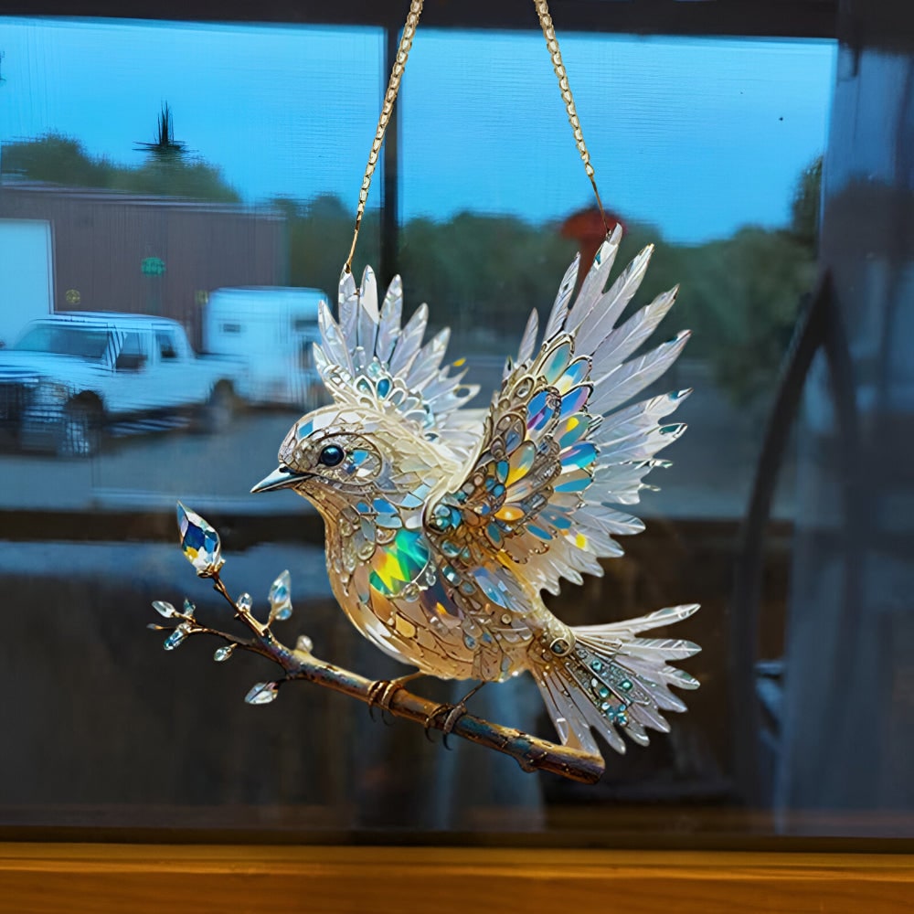 Window Suncatcher with Stained Glass Bluebird Design and Crystal Prism Accents - Image 3