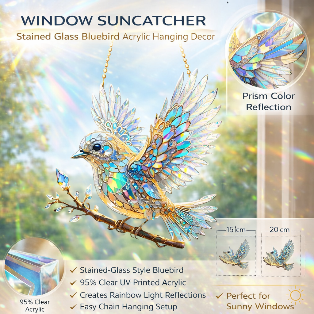 Window Suncatcher with Stained Glass Bluebird Design and Crystal Prism Accents - Image 4