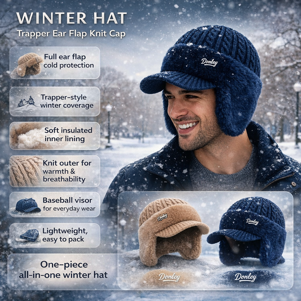 Winter Hat with Brim Wool Knit Ear Flaps Cable Beanie - Image 20