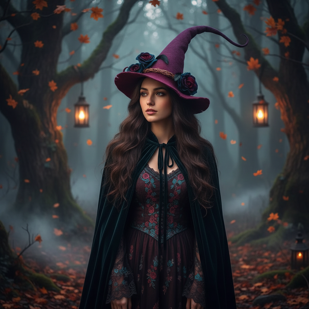 Witch Hat with Curled Tip Forest Decorations and Felted Wool for Costume Party - Image 4
