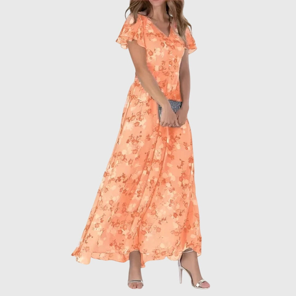 Women's A-Line Floral Maxi Dress V-Neck Flutter Sleeve | Button Front - Image 1
